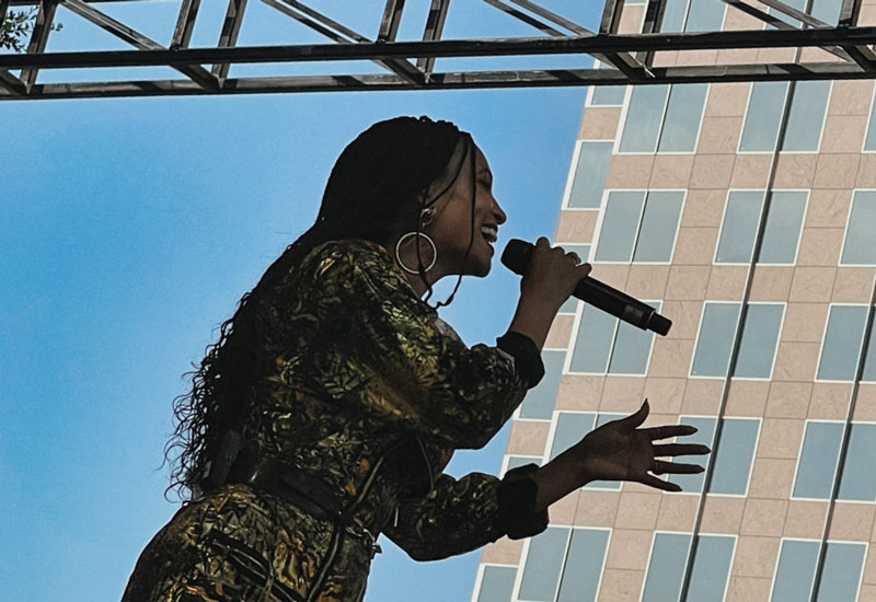 Goapele sings at Plaza de Cesar Chavez.